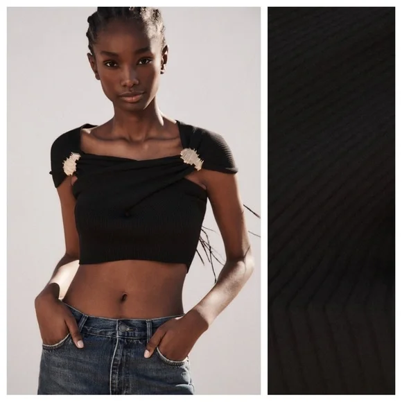 Zara Black Crop Top With Raised Flowers Rose Appliqué Size XS
